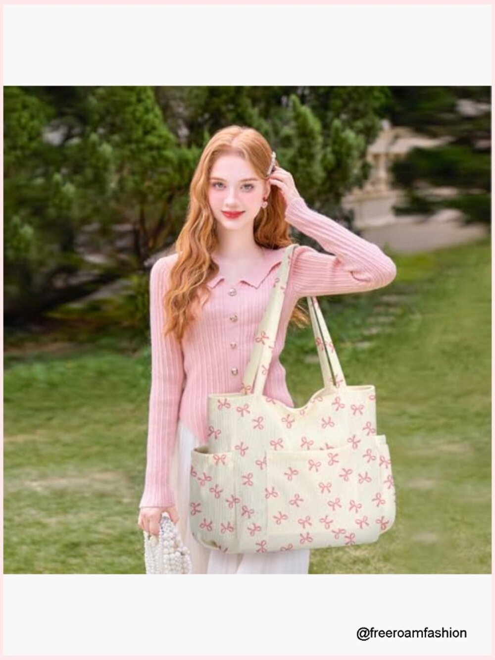 Corduroy Tote Bag, Large Capacity with 6 Pockets, Crossbody Shoulder Handbag - Picture 3 of 7